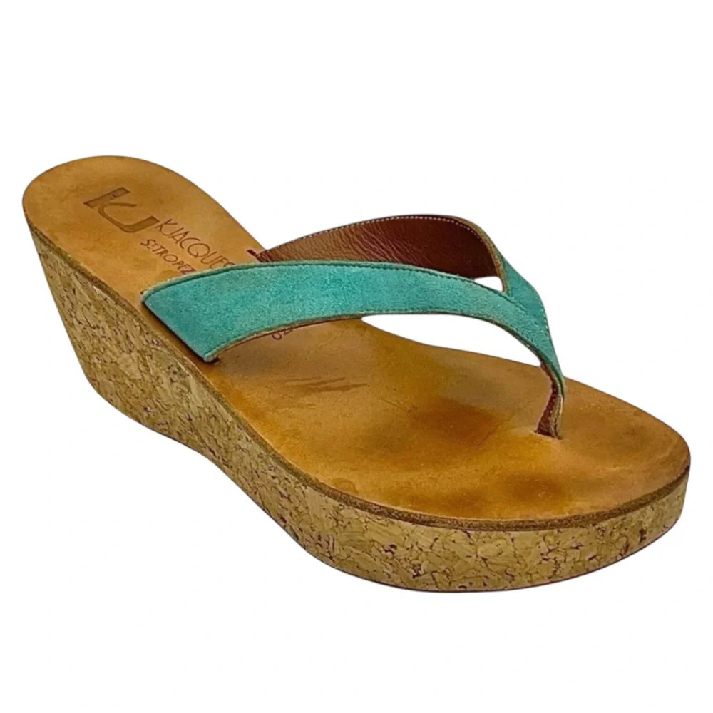 KJacques St Tropez Green Leather Cork Wedge Mule Sandals EU 38 US 7.5